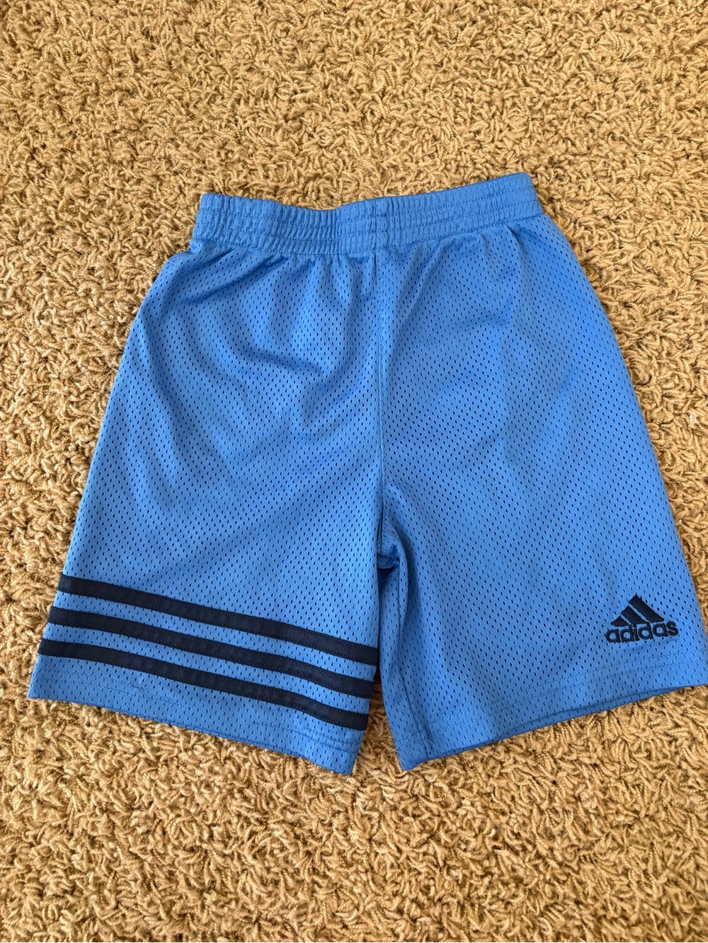 adidas Light Blue Mesh Athletic Boys Shorts with Navy Stripes, size 5